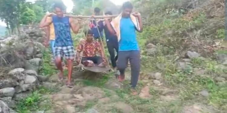 ଗଜପତି ଜିଲ୍ଲା ମୋହନା ବ୍ଲକ ଅନ୍ତର୍ଗତ ହୁଏର ଗ୍ରାମକୁ ରାସ୍ତା ନ ଥିବାରୁ ୩ କିମି ଘାଟି ରାସ୍ତାରେ ଦୋଳା କରି ବୁହା ହେଲେ ରୋଗୀ
