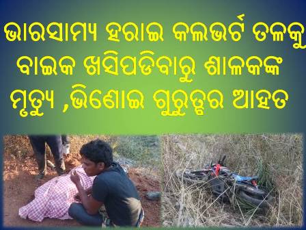 ଭାରସାମ୍ୟ ହରାଇ କଲଭର୍ଟ ତଳକୁ ବାଇକ ଖସିପଡିବାରୁ ଶାଳକଙ୍କ ମୃତ୍ୟୁ ,ଭିଣୋଇ ଗୁରୁତ୍ବର ଆହତ