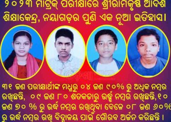 ଚଳିତ  ପୁଣି୨୦୨୩ ମାଟ୍ରିକ୍ ପରୀକ୍ଷାରେ ଶ୍ରୀରାମକୃଷ୍ଣ ଆଦର୍ଶ ଶିକ୍ଷାକେନ୍ଦ୍ର, ନୟାଗଡ଼ ର ଏକ ନୂଆ ଇତିହାସ