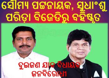 ଖଣ୍ଡପଡ଼ା ବିଧାୟକ ସୌମ୍ୟରଞ୍ଜନ ପଟ୍ଟନାୟକ : ରେମୁଣା ବିଧାୟକ ସୁଧାଂଶୁ ଶେଖର ପରିଡ଼ାଙ୍କୁ ବିଜେଡିରୁ ବହିଷ୍କୃତ କରିଛନ୍ତି ଦଳର ସଭାପତି – ମୁଖ୍ୟମନ୍ତ୍ରୀ ନବୀନ ପଟ୍ଟନାୟକ