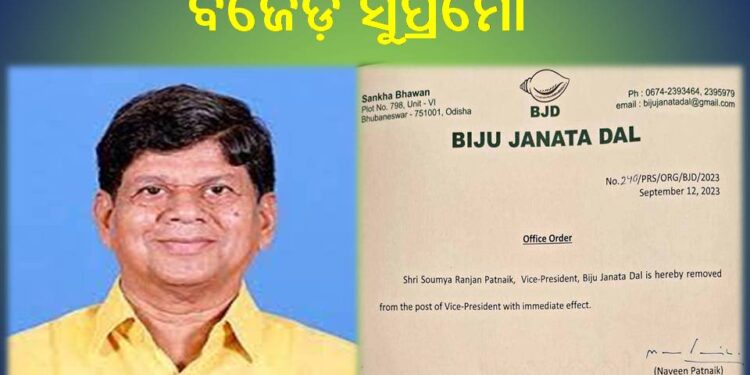ସୌମ୍ୟ ରଞ୍ଜନ ପଟ୍ଟନାୟକଙ୍କ ବିରୋଧରେ କାର୍ଯ୍ୟାନୁଷ୍ଠାନ : ଉପ-ସଭାପତି ପଦବୀରୁ ହଟାଇଲେ ବିଜେଡ଼ି ସୁପ୍ରିମୋ