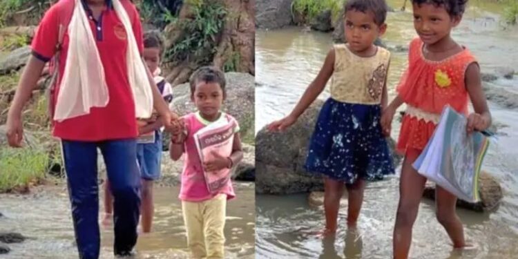 ପାହାଡିଆ ନଦୀରେ ବିପଦପୂର୍ଣ୍ଣ ଭାବେ ପାର ହୋଇ ସ୍କୁଲ୍ ଯାଉଛନ୍ତି କୋମଳମତି ଛାତ୍ରୀଛାତ୍ରୀ